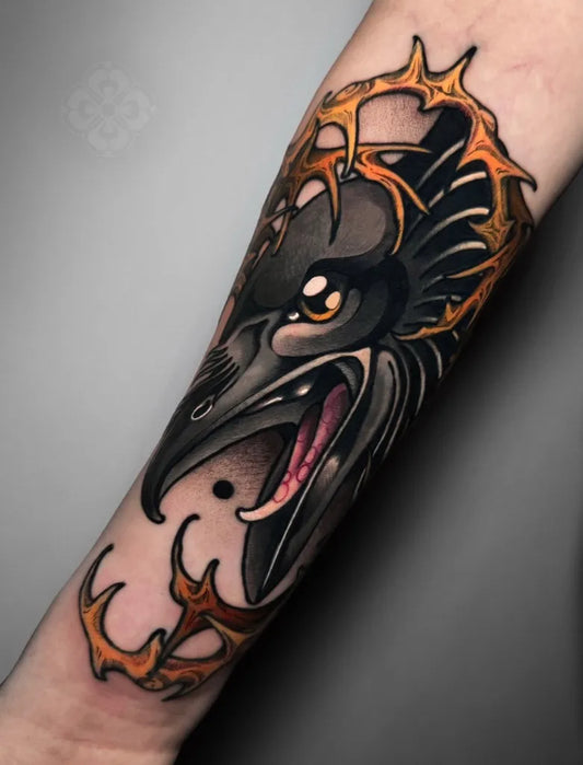 Big Neo Traditional Raven with Crown on Men Arm Tattoo by @japanophil