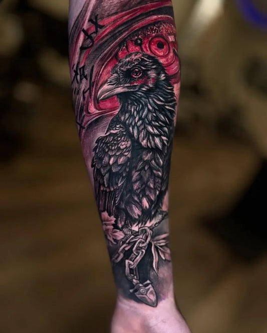 Big Neo Traditional Raven with Flowers on Men Arm Tattoo by @sanchez_santi_tattoo