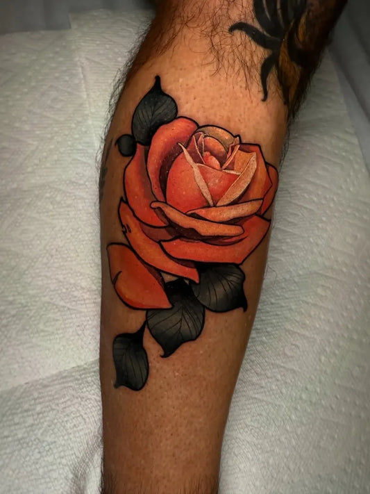 Big Neo Traditional Red Rose with Black Leaves on Men Leg Tattoo by @travisbrown918