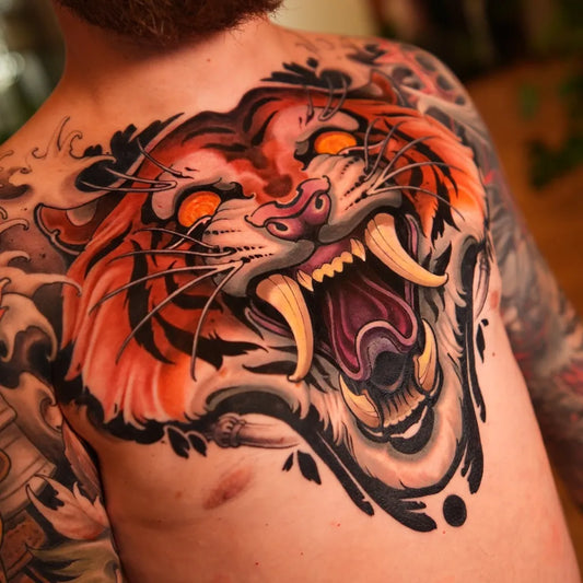 Big Neo Traditional Roaring Tiger on Men Chest Tattoo by @pszenica.tattoo