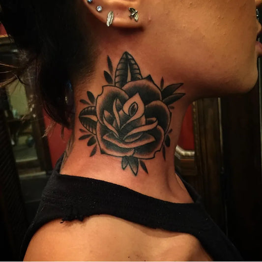 Big Neo Traditional Rose and Leaves on Women Neck Tattoo by @ericworx