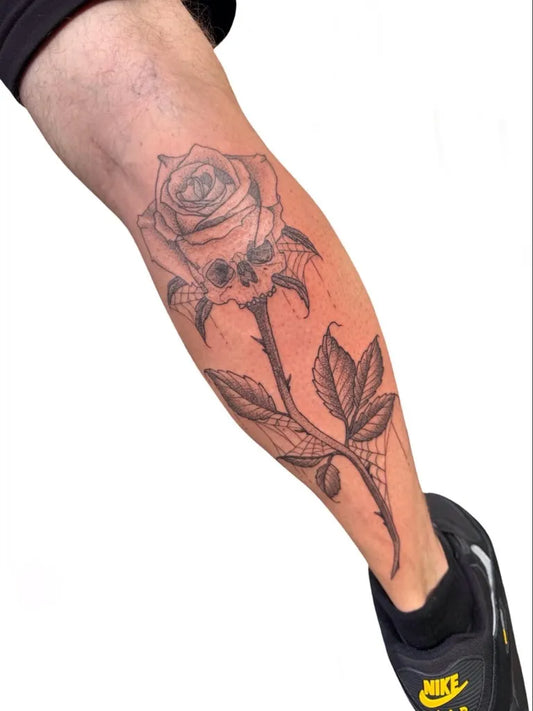 Big Neo Traditional Rose with Skull on Men Leg Tattoo by @thelittlebocreep