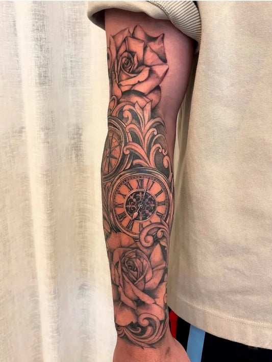 Big Neo Traditional Roses Watch on Men Arm Sleeve Tattoo by @blancspacetattoostudio