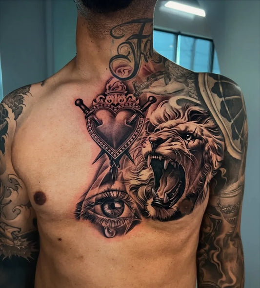 Big Neo Traditional Sacred Heart Lion Eye on Men Chest Tattoo by @bellamafiatattoos