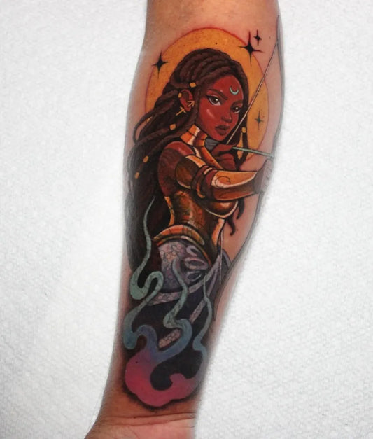 Big Neo Traditional Sagittarius Archery Goddess Tattoo on Women Arm by @kathleensanders