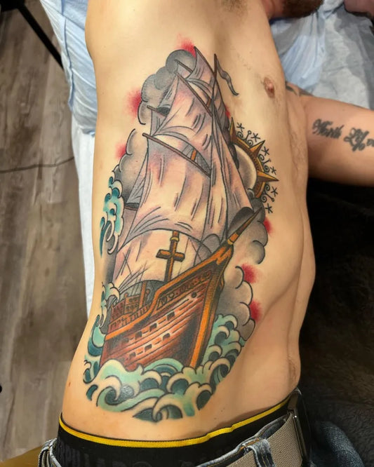 Big Neo Traditional Sailing Ship with Cross Nautical Tattoo on Men Torso by @doon_tattoos