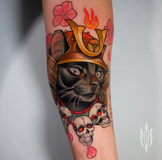 Big Neo Traditional Samurai Cat with Skulls and Cherry Blossoms on Women Arm Tattoo by @noa.bn.tattoos