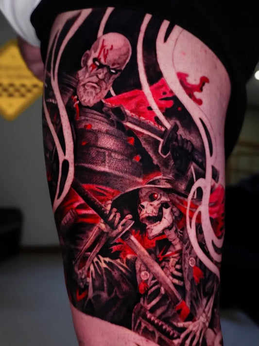 Big Neo Traditional Samurai Skeleton Warrior Tattoo on Men Thigh by @tripp.tattoo