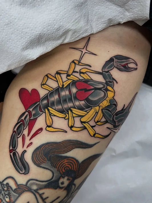Big Neo Traditional Scorpion Heart Siren on Women Thigh Tattoo by @carlosalbuquerqueink