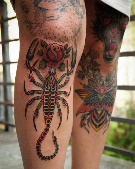 Big Neo Traditional Scorpion Rose on Women Thigh Tattoo by @falkmalisch