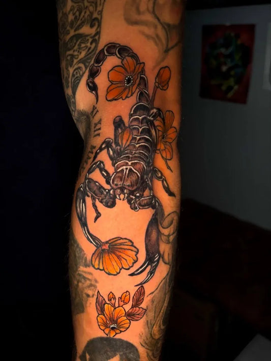 Big Neo Traditional Scorpion and Flowers on Men Arm Tattoo by @pat_johnn
