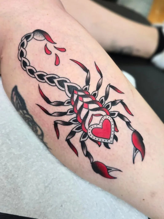 Big Neo Traditional Scorpion with Heart on Women Arm Tattoo by @ancientspiderx