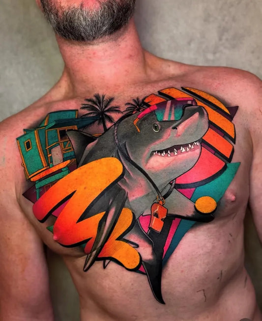 Big Neo Traditional Shark on Men Chest Tattoo by @tropistyletattoos
