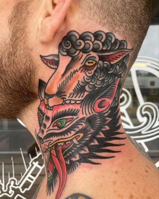 Big Neo Traditional Sheep Demon on Men Neck Tattoo by @monumenttattoos