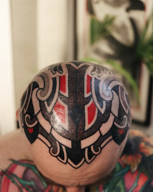 Big Neo Traditional Shield Tattoo on Men Head by @rebelwithacausetattoo._