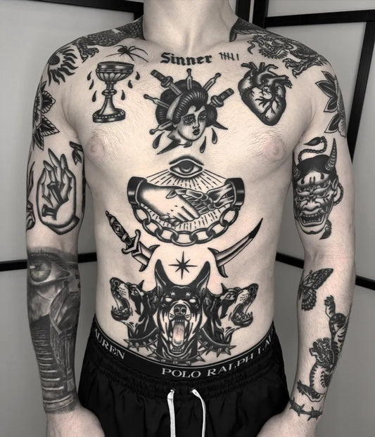 Big Neo Traditional Sinner Cerberus Eye on Men Chest Tattoo by @foxblood