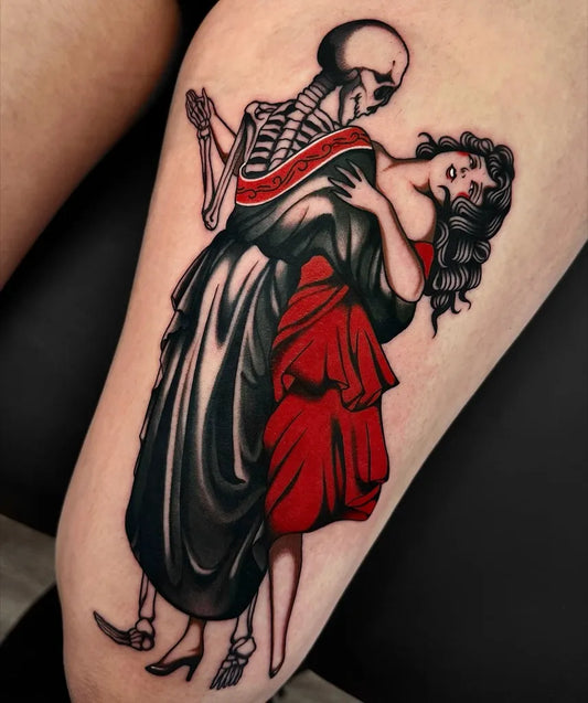 Big Neo Traditional Skeleton Dancing with Woman on Women Thigh Tattoo by @donnajeantattoo