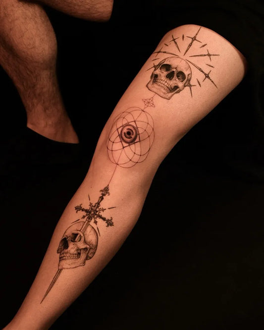 Big Neo Traditional Skull Cross Eye on Men Thigh Tattoo by @amila.ink