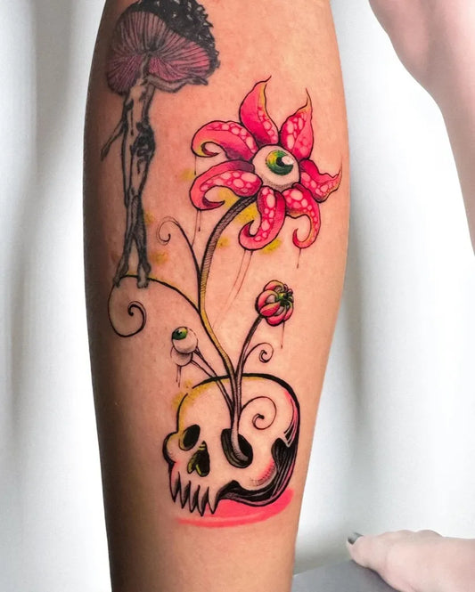 Big Neo Traditional Skull Mushroom Flower on Women Leg Tattoo by @jessinkaa___