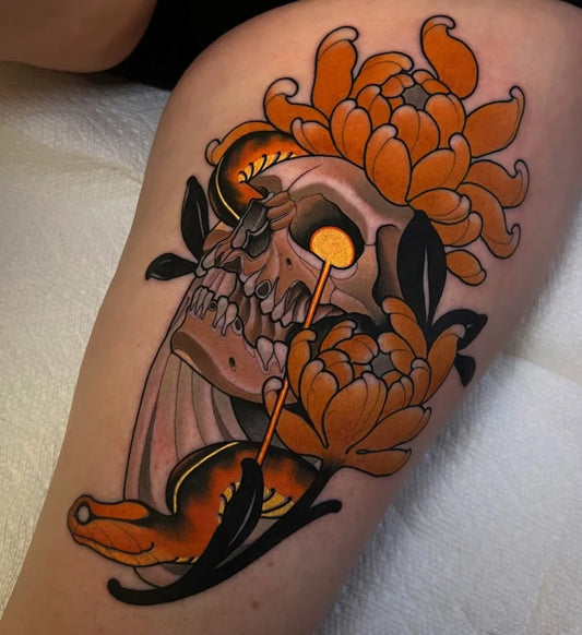 Big Neo Traditional Skull Snake Chrysanthemums on Women Thigh Tattoo by @steveokertattoos