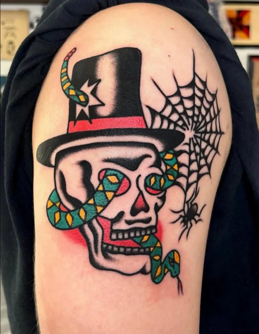 Big Neo Traditional Skull Snake Spider on Men Arm Tattoo by @goodlucktattoo