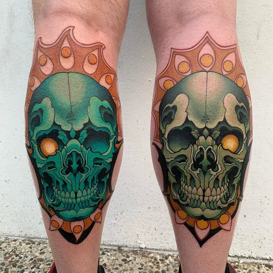 Big Neo Traditional Skull Tattoo on Men Calf by @robin_b_tattoos