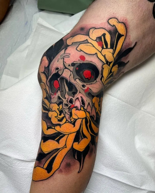 Big Neo Traditional Skull and Chrysanthemum on Men Knee Tattoo by @neotradtattz