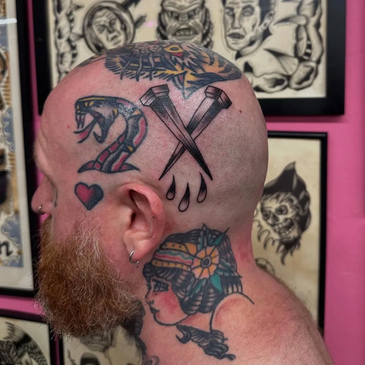 Big Neo Traditional Snake Knives Heart Tattoo on Men Head by @paulrestontattoo