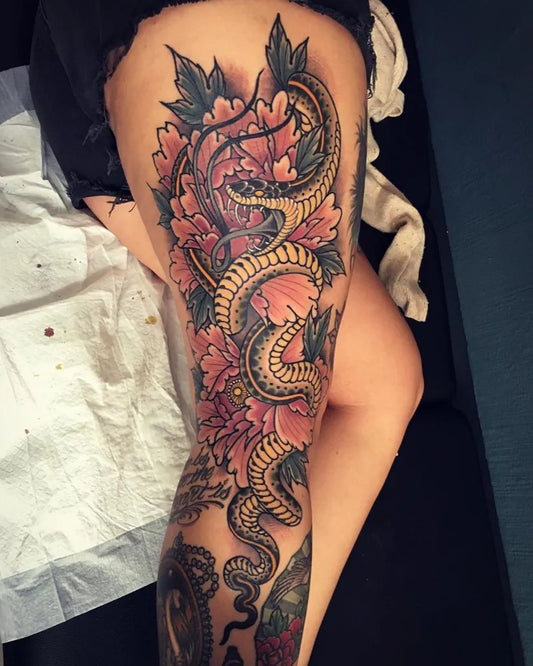 Big Neo Traditional Snake and Peonies on Women Thigh Tattoo by @goodthingstattoo