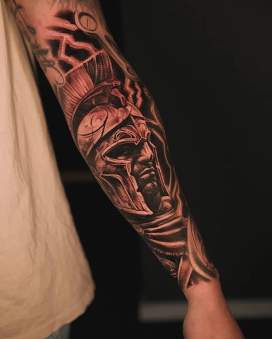 Big Neo Traditional Spartan Helmet Lightning on Men Arm Tattoo by @aarontorrestattoo