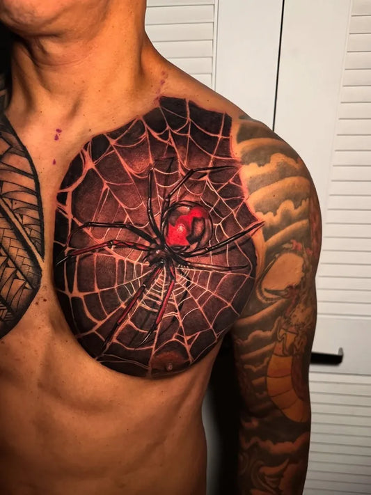 Big Neo Traditional Spider Web on Men Chest Tattoo by @dartist04