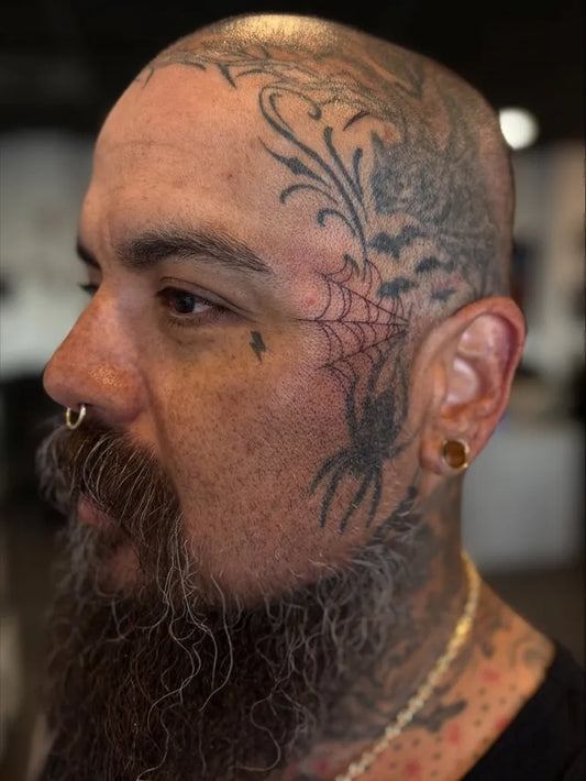 Big Neo Traditional Spider and Rose on Men Face Tattoo by @tatsbyanya