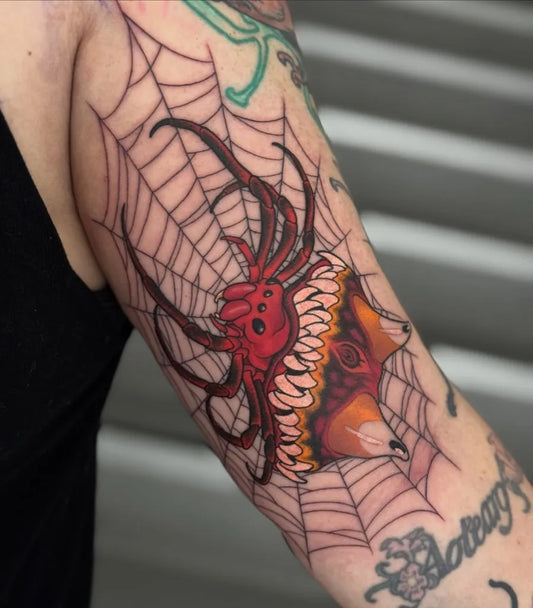 Big Neo Traditional Spider with Web on Women Arm Tattoo by @filthytattooart