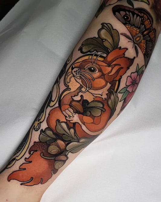 Big Neo Traditional Squirrel Butterfly Acorn on Women Thigh Tattoo by @moko.chambers