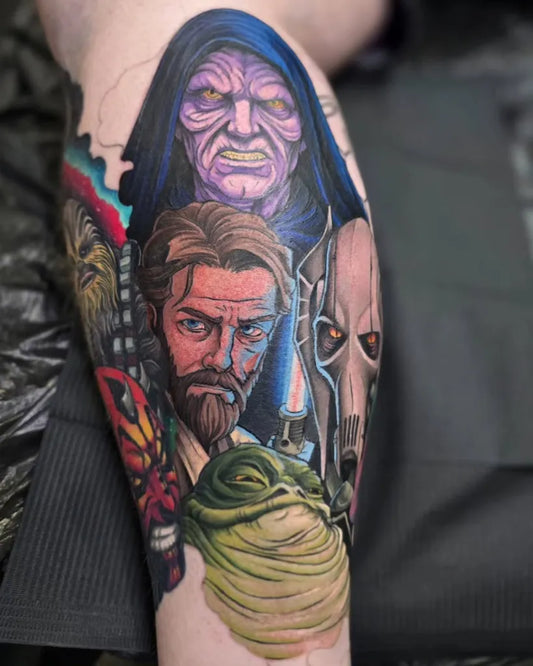 Big Neo Traditional Star Wars Characters Tattoo on Men Leg by @integritytattoolounge