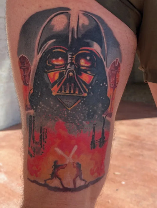 Big Neo Traditional Star Wars Darth Vader and Lightsaber Duel Tattoo on Men Thigh by @ricomrtattoo