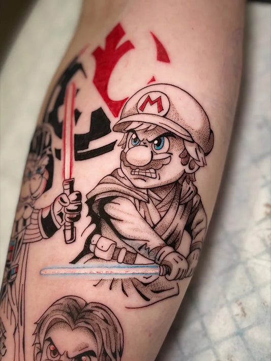 Big Neo Traditional Star Wars Mario Lightsaber Tattoo on Men Arm by @just_meme_tattoo