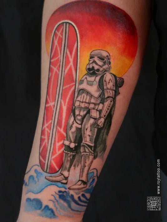 Big Neo Traditional Star Wars Surfing Stormtrooper Tattoo on Men Arm by @808studioshfx