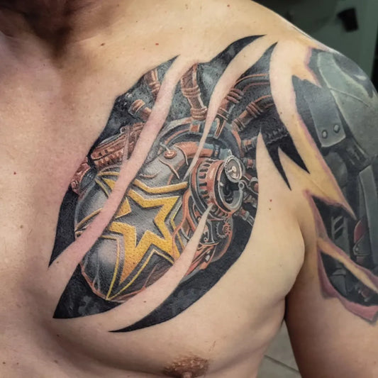 Big Neo Traditional Steampunk Heart Star Armor Military Tattoo on Men Shoulder by @chrislowetattoos