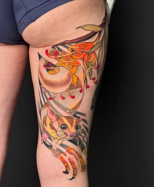 Big Neo Traditional Sugar Glider and Waratah on Women Thigh Tattoo by @brian.tattooer