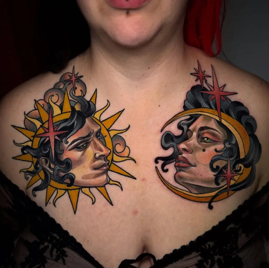 Big Neo Traditional Sun and Moon on Women Chest Tattoo by @renelle_tattoo