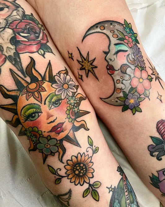Big Neo Traditional Sun and Moon on Women Thigh Tattoo by @paintedladytattoo