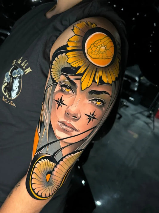 Big Neo Traditional Sunflower Face on Men Arm Tattoo by @fedealmanzor