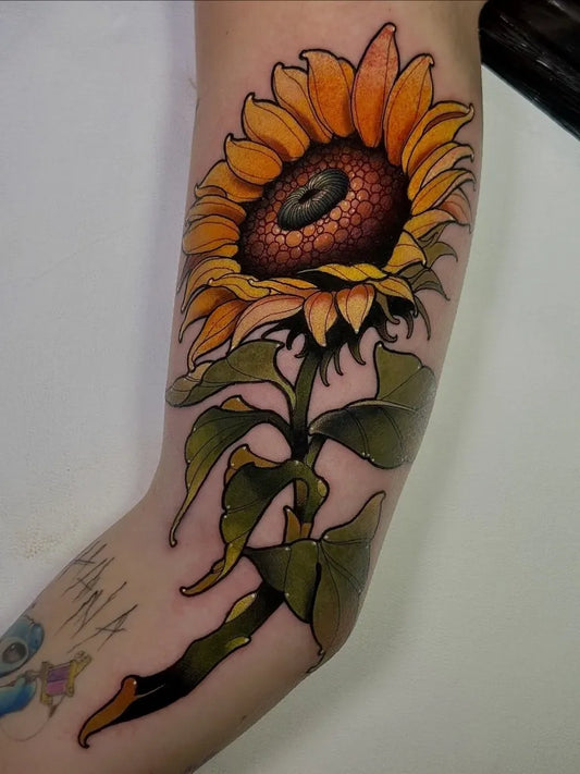 Big Neo Traditional Sunflower on Women Arm Tattoo by @giperuno