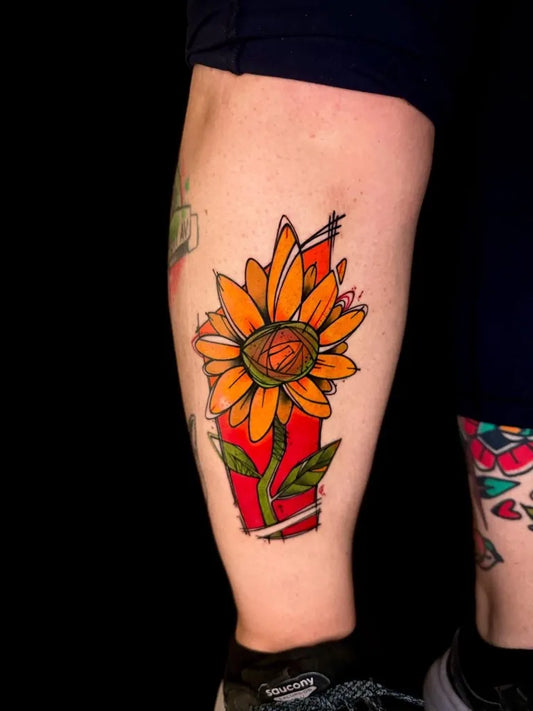 Big Neo Traditional Sunflower on Women Leg Tattoo by @sandrosecchin