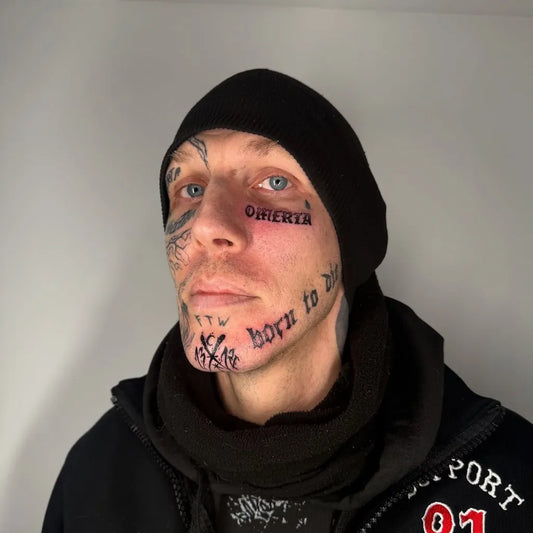 Big Neo Traditional Text and Wolf on Men Face Tattoo by @_afterhoursss_