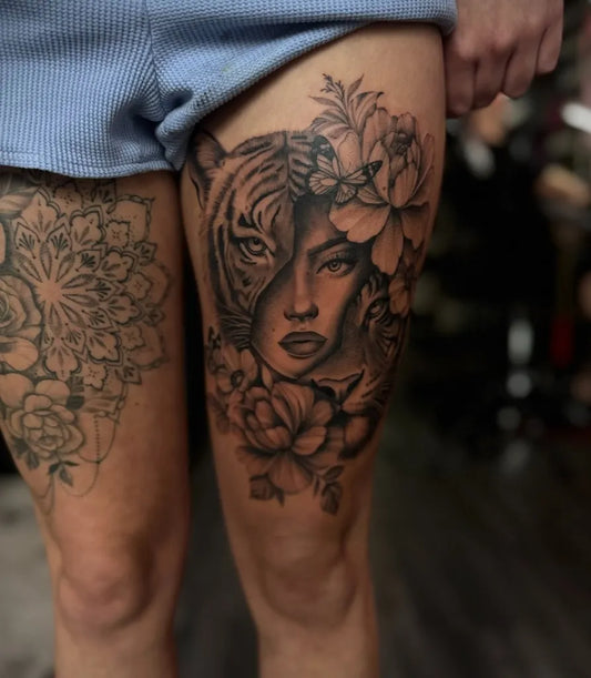 Big Neo Traditional Tiger Woman Face and Flowers on Women Thigh Tattoo by @shawnaleighx