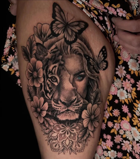 Big Neo Traditional Tiger and Butterfly on Women Thigh Tattoo by @iesha.pannell_tattoo