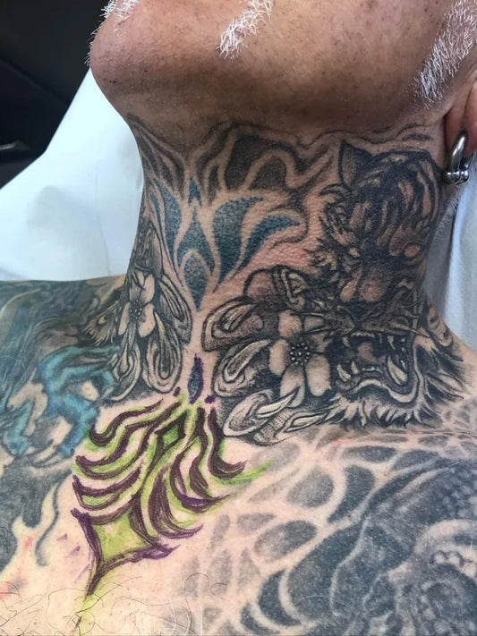 Big Neo Traditional Tiger and Flowers on Men Neck Tattoo by @crosstownkim