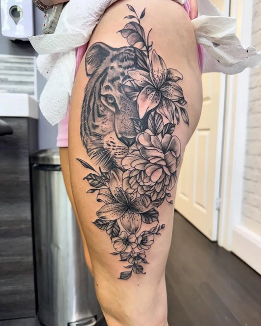 Big Neo Traditional Tiger and Lilies on Women Thigh Tattoo by @chambos_ink